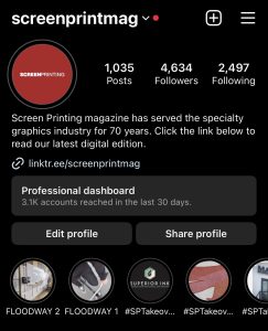 Instagram profile screenshot for screenprintmag, with story highlights labelled FLOODWAY 1 and FLOODWAY 2
