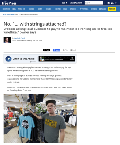 Winnipeg Free Press article screenshot headlined No. 1... with strings attached?, with a photo of printed tees in the shop