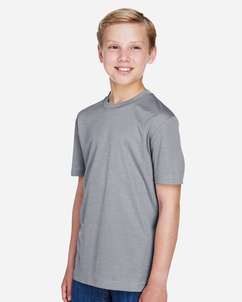 Team 365 Youth Sonic Heather Performance T-Shirt - Model Side View