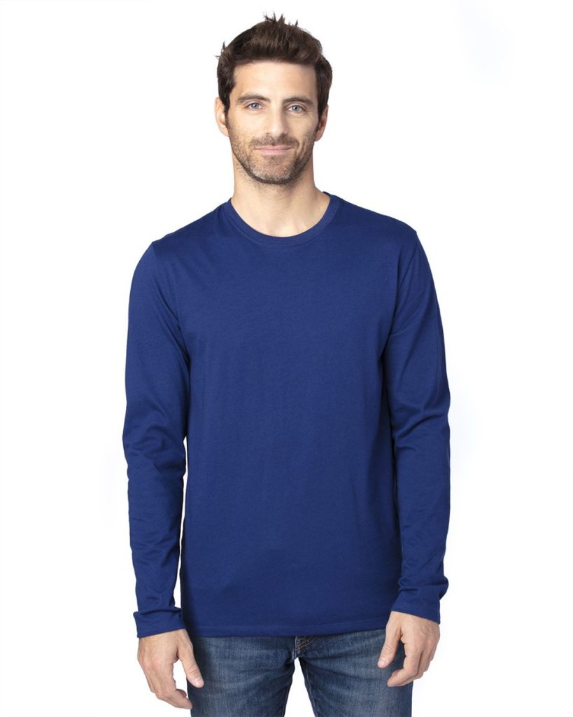 Threadfast Apparel's Unisex Ultimate CVC Long Sleeve T-Shirt is a substantial garment made from a blend of 60/40 ring-spun cotton and recycled polyester.
