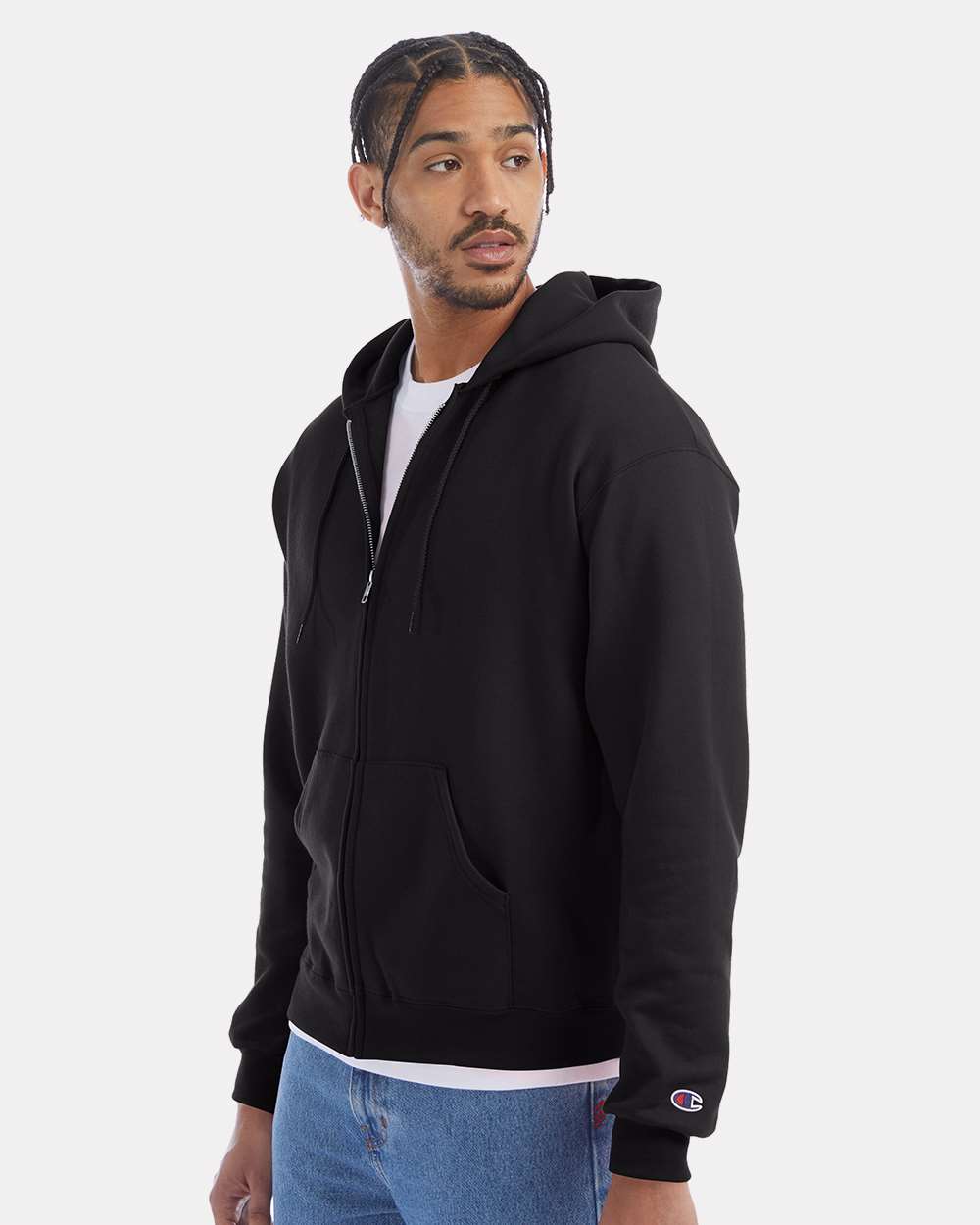 Champion Unisex Powerblend® Full-Zip Hooded Sweatshirt - Model Side View