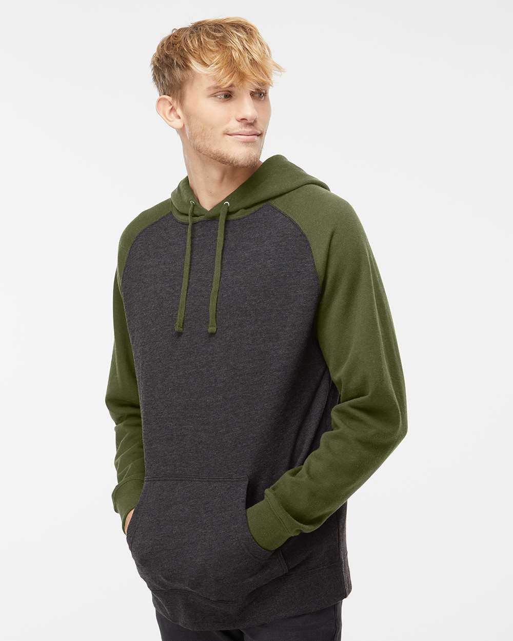 Independent Trading Co. Unisex Raglan Hooded Sweatshirt - Model Side View