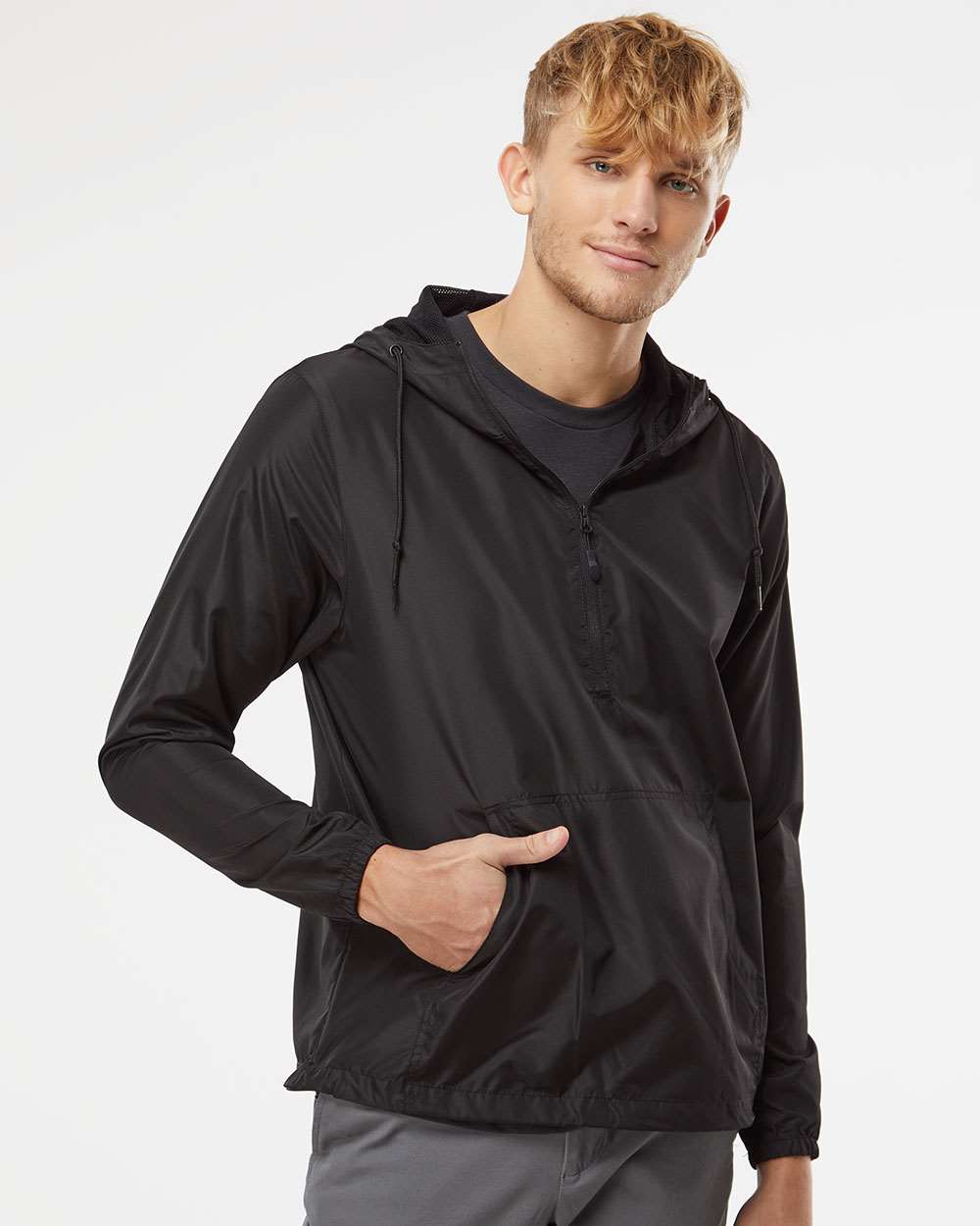 Independent Trading Co. Unisex Lightweight Quarter-Zip Windbreaker Pullover Jacket - Model Front View