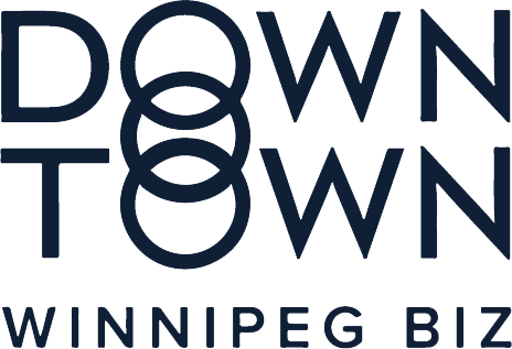 Downtown Winnipeg BIZ logo, the words DOWN TOWN stacked in navy with overlapping circles forming the letter O