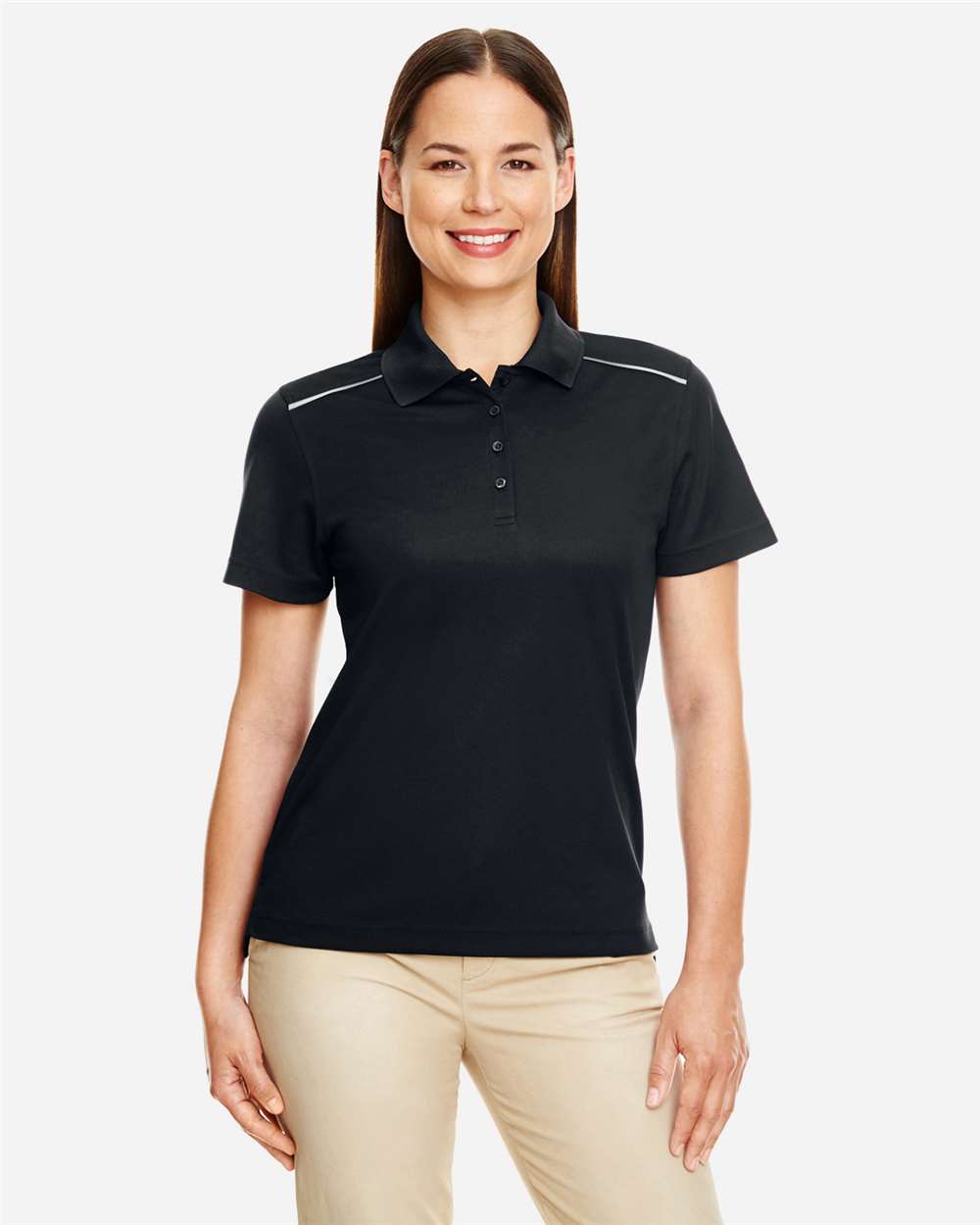 CORE365 Women's Radiant Performance Piqué Polo with Reflective Piping - Model Front View