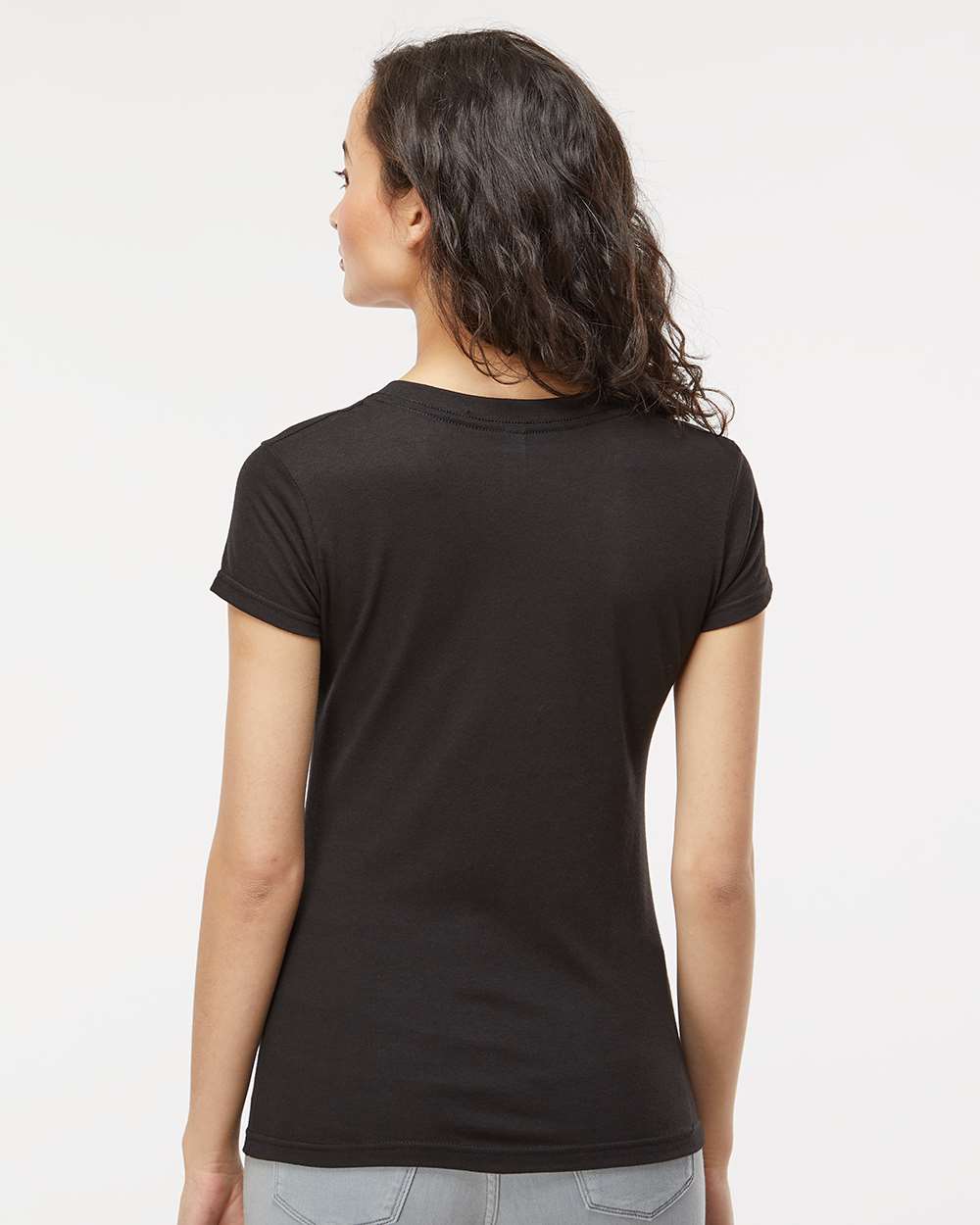 M&O Women's Deluxe Blend V-Neck T-Shirt - Model Back View