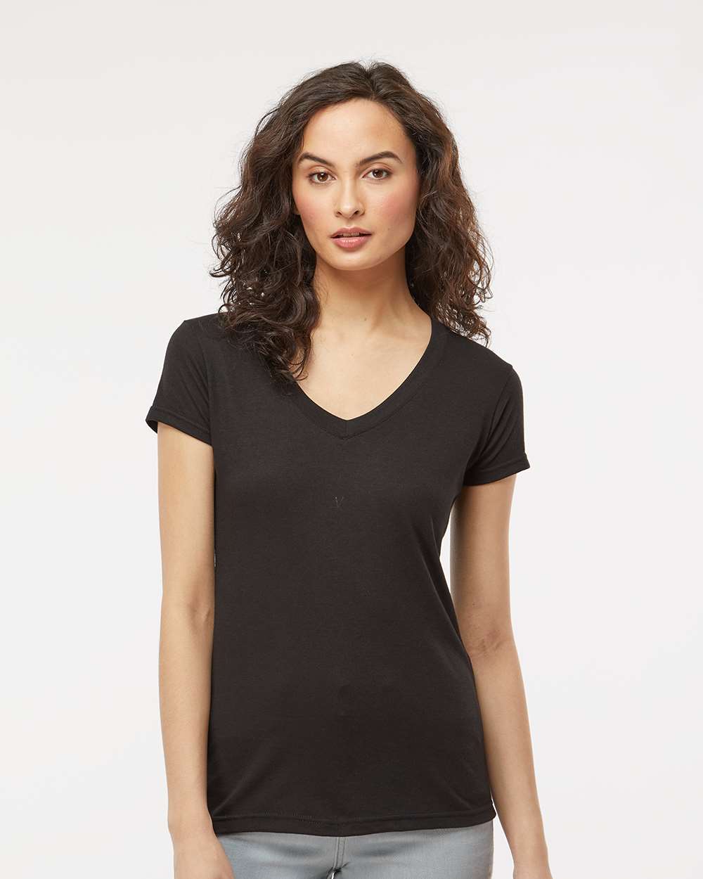M&O Women's Deluxe Blend V-Neck T-Shirt - Model Front View