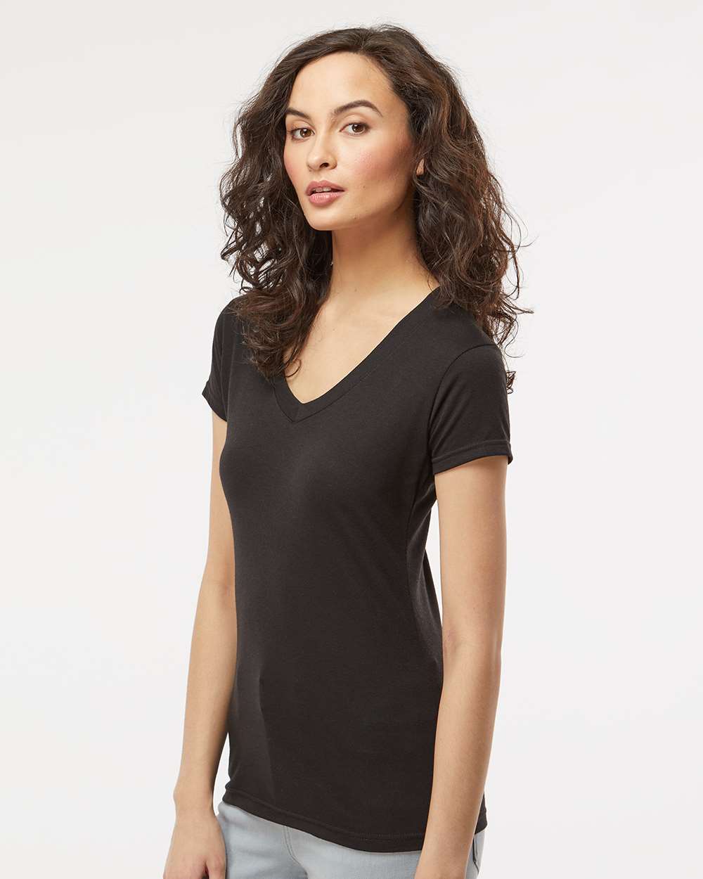M&O Women's Deluxe Blend V-Neck T-Shirt - Model Side View