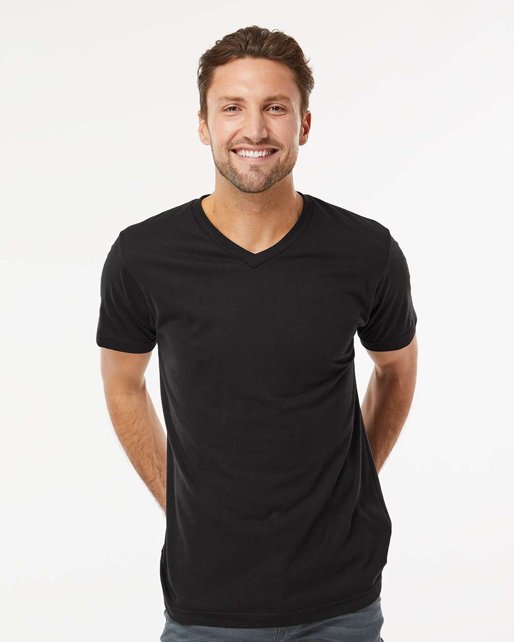 M&O Deluxe Blend V-Neck T-Shirt - Model Front View