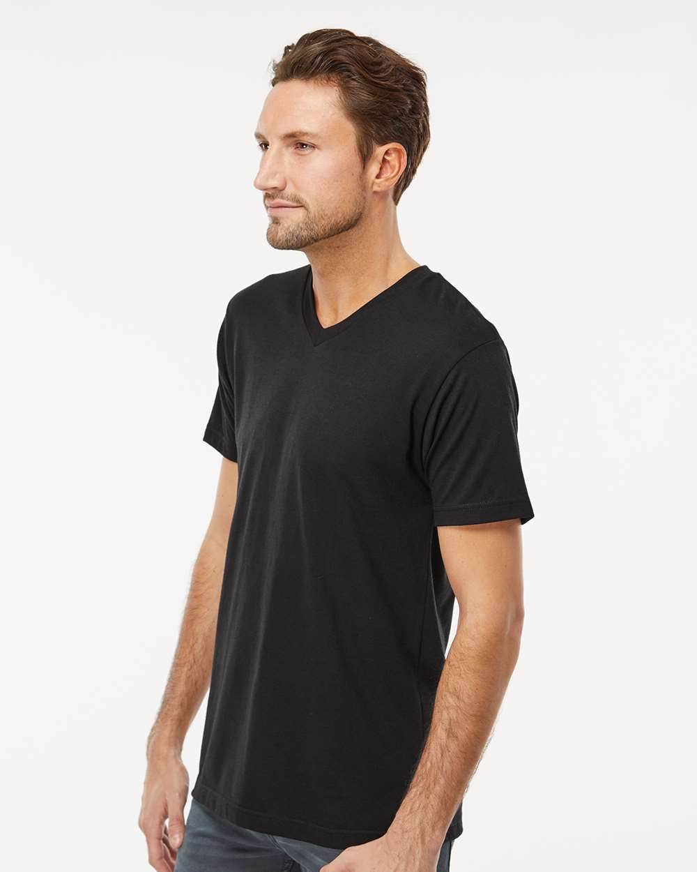 M&O Deluxe Blend V-Neck T-Shirt - Model Side View