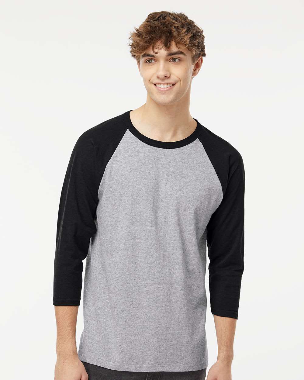 M&O Raglan Three-Quarter Sleeve Baseball T-Shirt - Model Front View