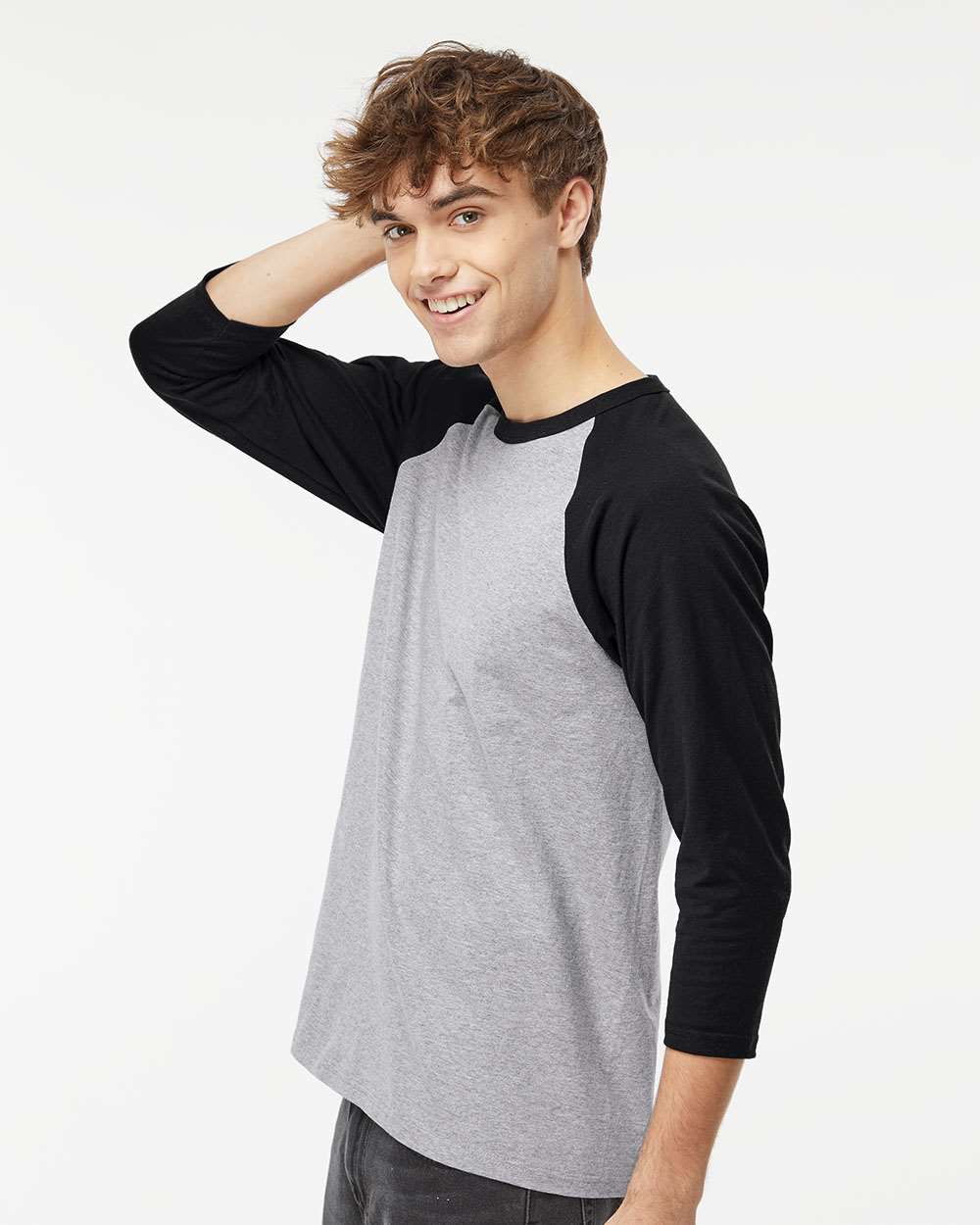 M&O Raglan Three-Quarter Sleeve Baseball T-Shirt - Model Side View