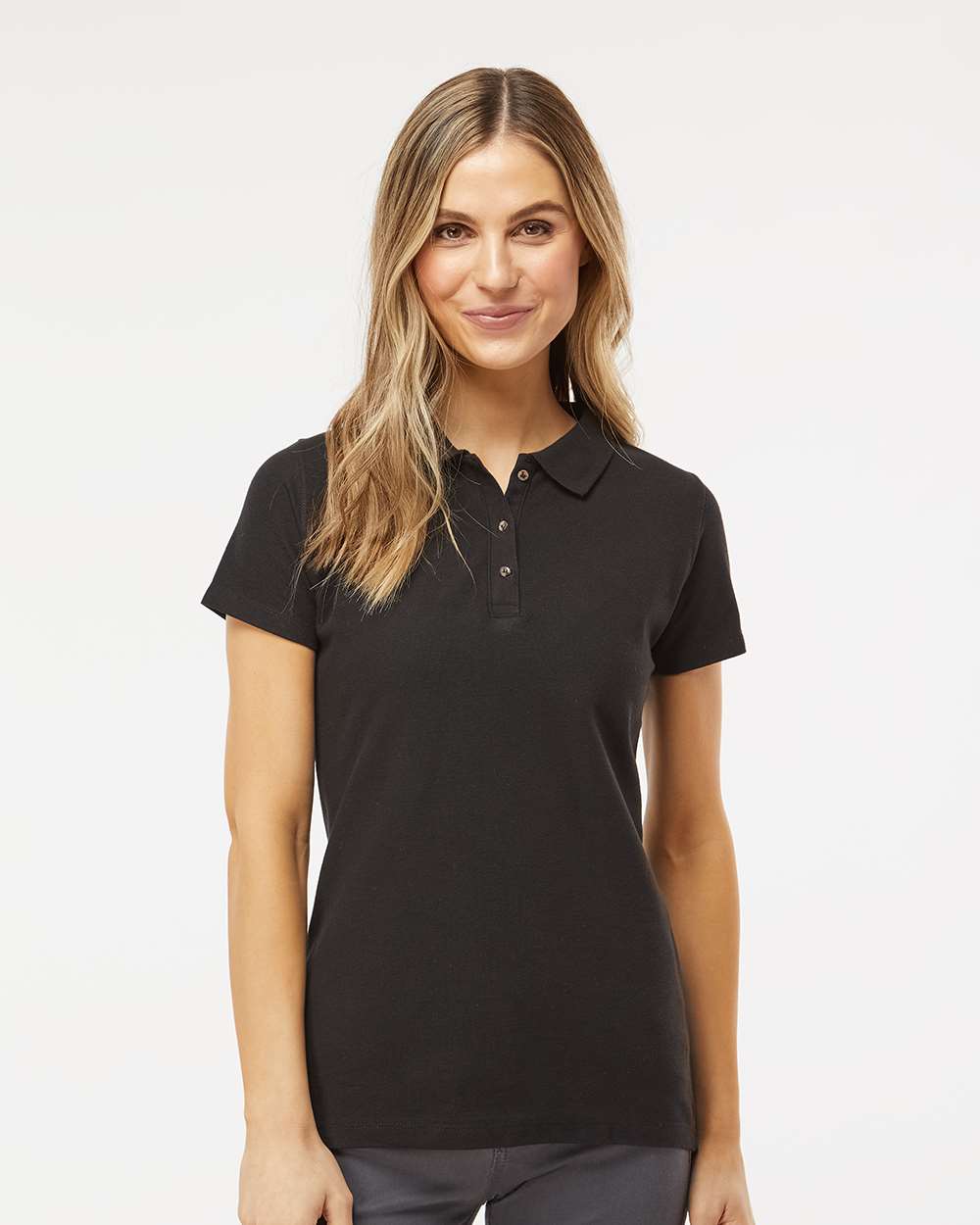 M&O Women's Ringspun Pique Polo - Model Front View